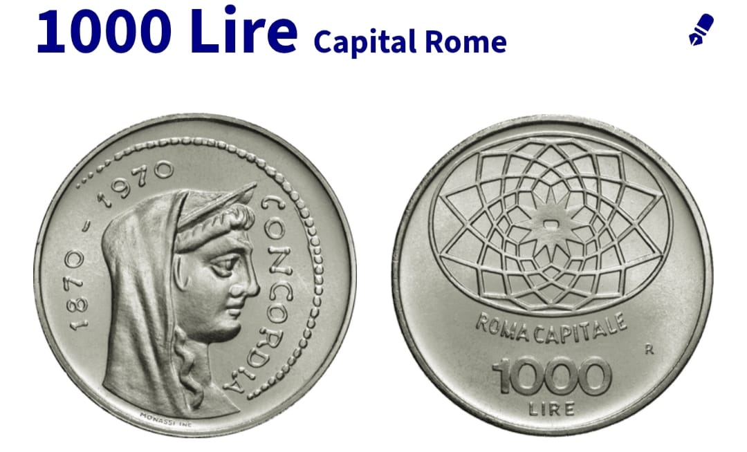 Italy 1000 Lire 1970 Capital Rome Commemorative issue Silver (.835) Weight 14.6 gram unc condition big size coin #08