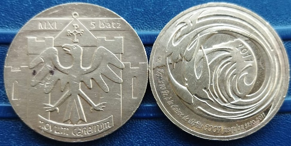 Switzerland - City of Neuchâtel – Local coins, 5 Batz, 2011, Millennium celebration of the city of Neuchâtel, 1011-2011, Fine Condition, May have some black spots.