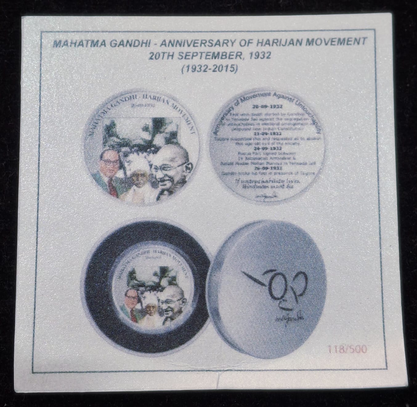 Mahatma Gandhi - Anniversary of Harijan Movement (1932 - 2015) Silver Plated Medallion With Box & Certificate - Image 5