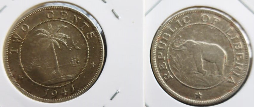 Liberia, 2 Cents, 1941, KM #12.a, Circulated Condition.