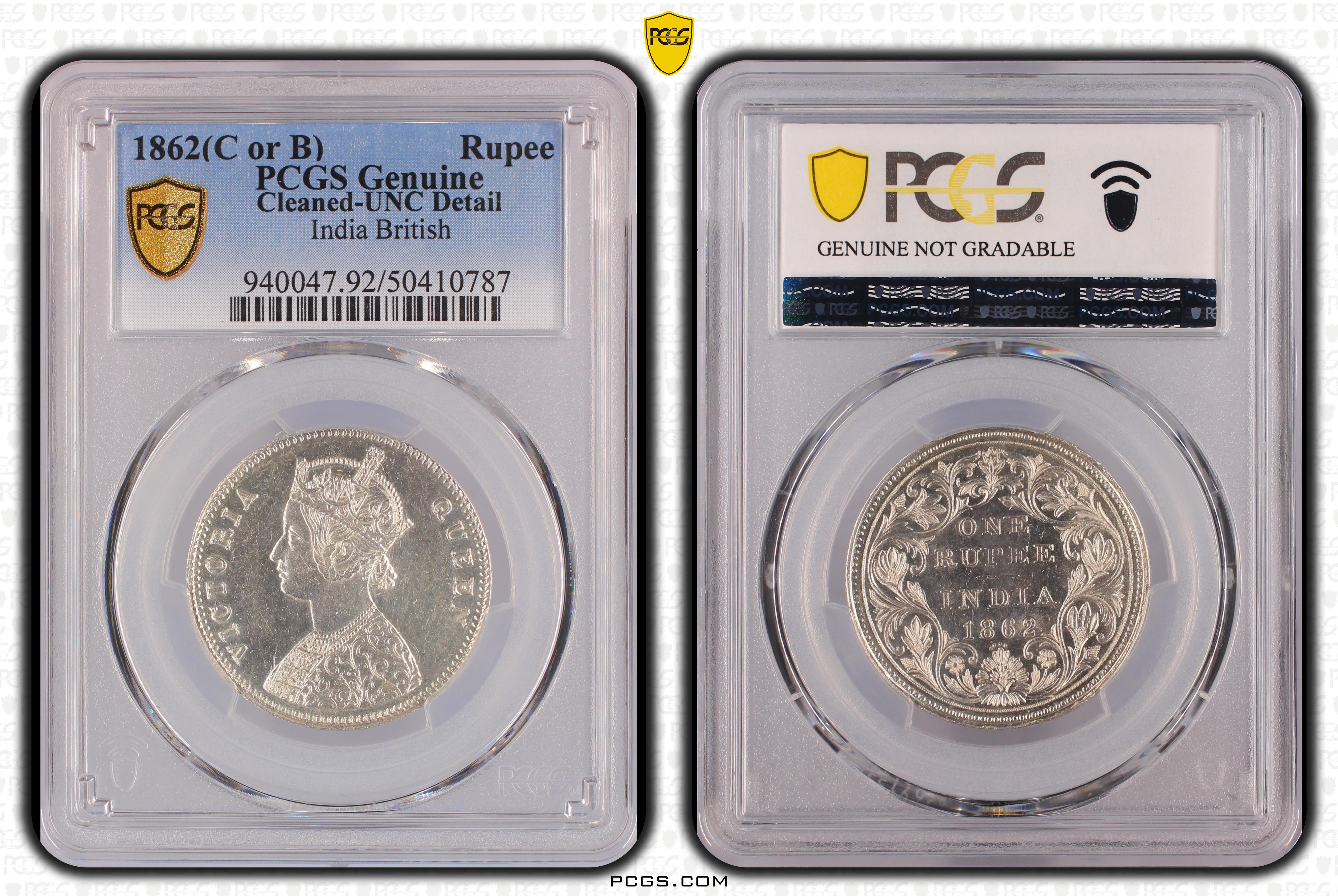 Extremely Rare One Rupee Year 1862 Silver 4 Dot UNC PCGS GRADING