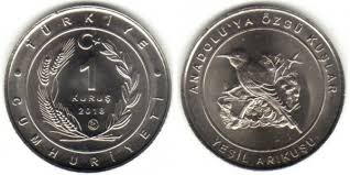 Turkey, 1 Kurus, 2018, Anatolian Birds - Blue-Cheeked Bee-Eater, KM #1400, AUNC Condition.