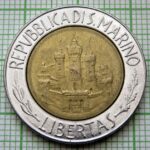 Alternative view of San Marino, 500 Lire, 1984, Science for Mankind - Albert Einstein, Bimetal, KM #167, Circulated Condition.