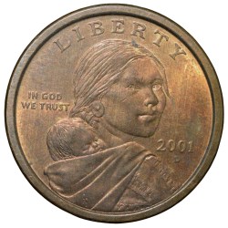 Brass 1 Dollar of USA (AD 2001) Sacagawea Dollar in UNC Grade