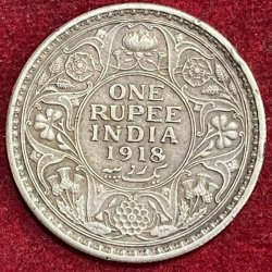 BRITISH INDIA 1 RUPEES 1918 -GEORGR V RARE SILVER COIN #V-301