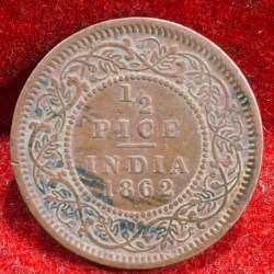 India - British ½ Pice 1862 - Victoria HIGH GRADE RARE COIN #D-122