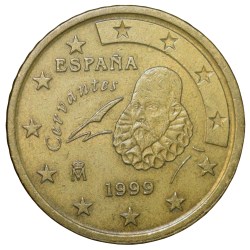 Brass 50 Euro Cents of Spain (AD 1999) with Head of the Spanish writer Miguel de Cervantes