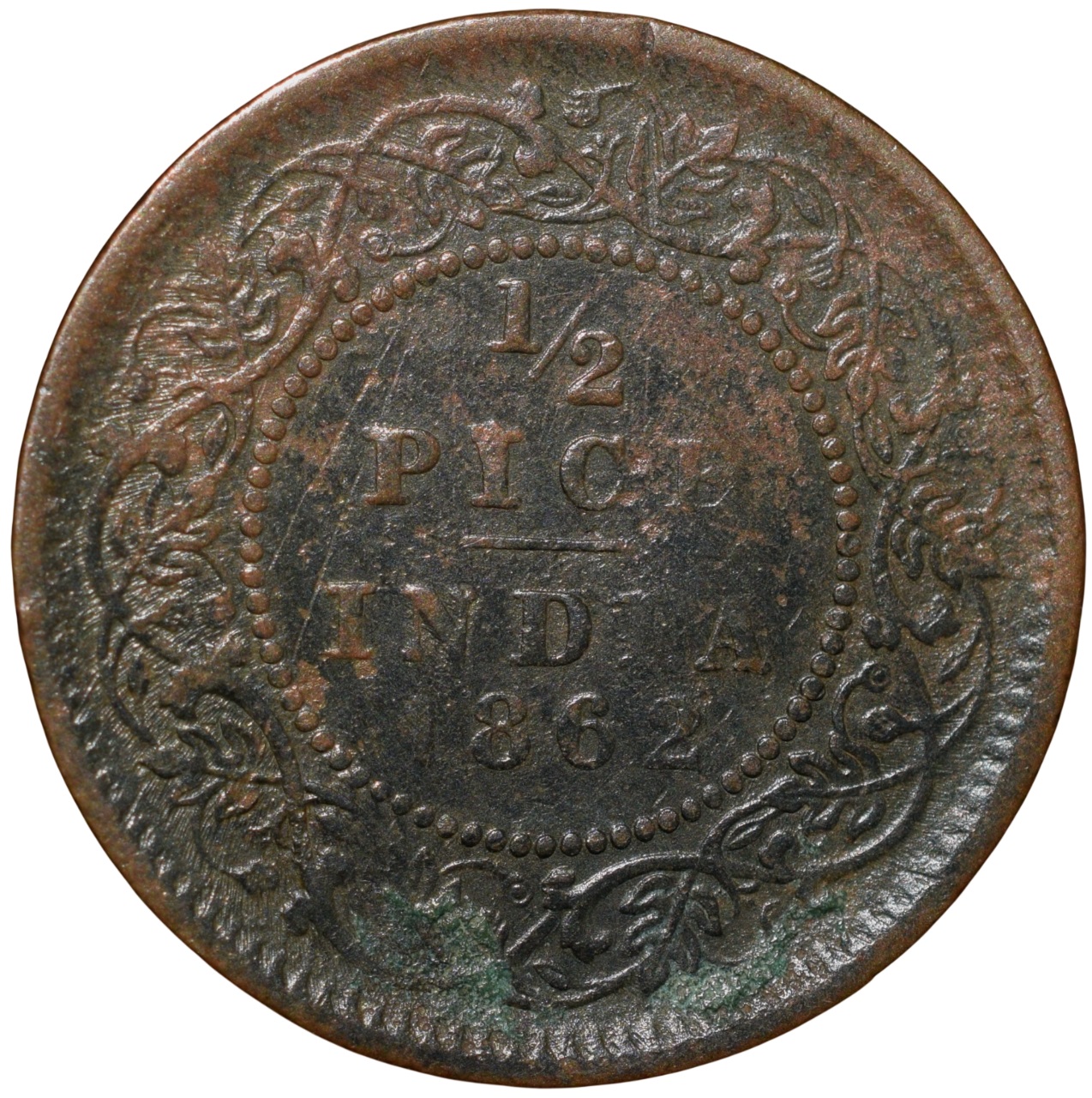Copper 1/2 Pice of Victoria Queen (AD 1862) of Calcutta Mint Scarce - Image 2