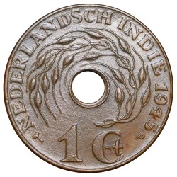 Alternative view of Bronze 1 Cent of Indonesia - Nederland East India (AD 1945) with Lotus Flower Ring Type Rare