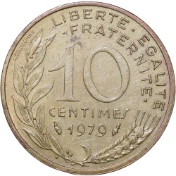 Alternative view of Brass 10 Centimes of France ( AD 1979) with Marianne face left