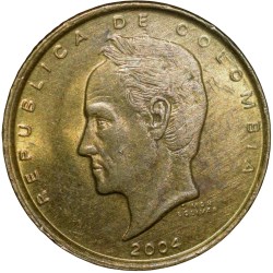 Brass 20 Pesos of Colombia Country (AD 2004) with Portrait of Simón Bolívar