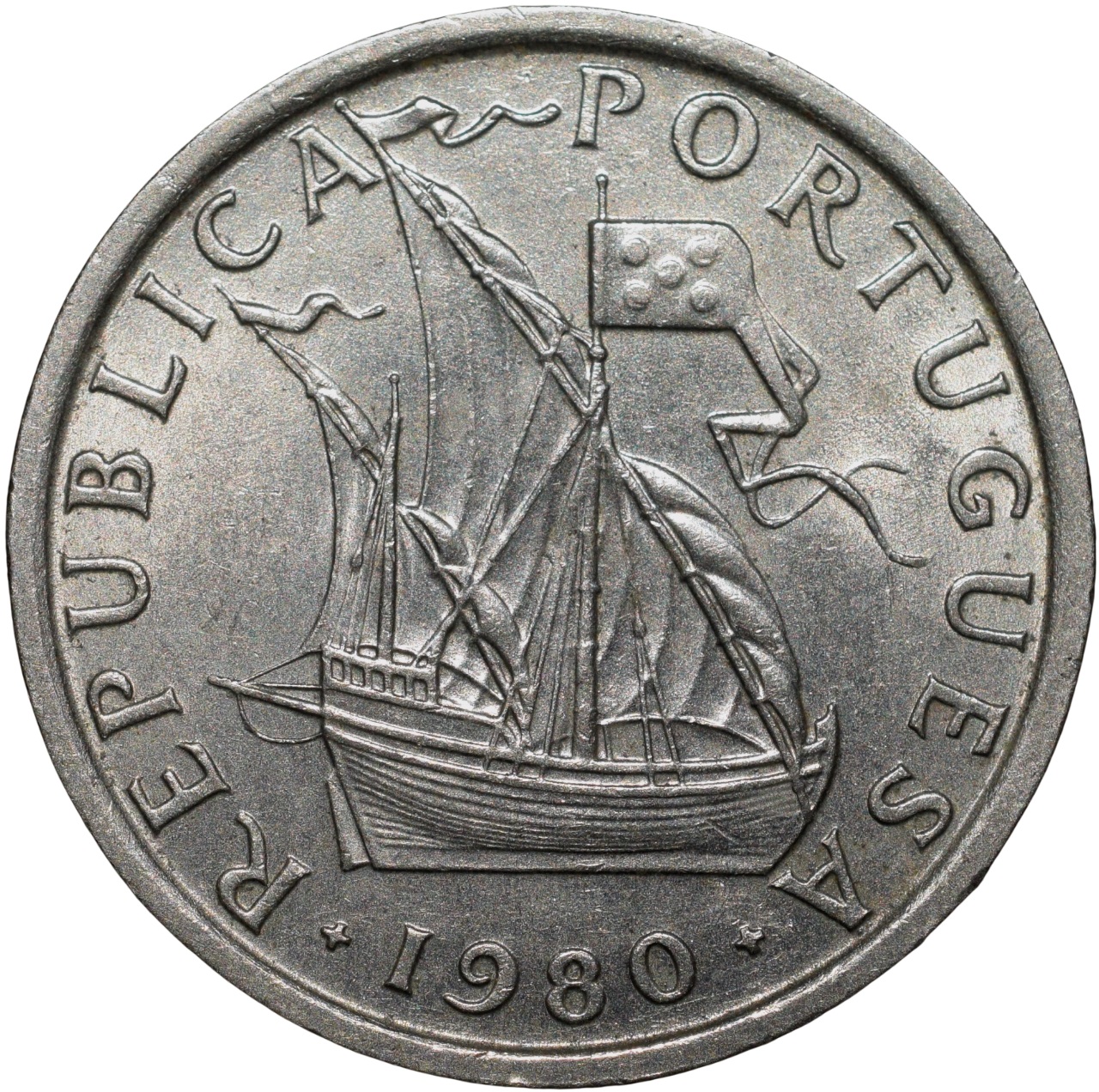 Nickel 5 Escudos of Portuguesa ( AD 1980) with Sailor Ship About UNC Grade