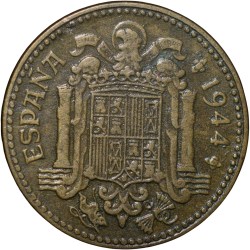 Old Brass 1 Peseta of Spain Country (AD 1944) with Pattern with elements of coat of arms of Spain