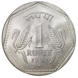 Copper-Nickel 1 Rupee of Republic India (AD 1991) of Bombay Mint Reeded Edge, Rare Variety in About UNC Grade