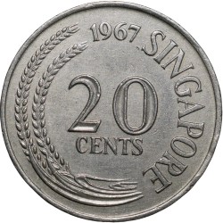 Alternative view of Copper-Nickel 20 cents of Singapore (AD 1967) with Swordfish (Xiphias gladius)