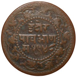 Alternative view of Copper 1/4 Anna of Shivaji Rao Holkar (AD 1886-1903) of Indore State Nandi Seated KM33.3