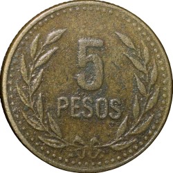 Alternative view of Brass 5 Pesos of Colombia Country (AD 1989)