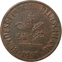Bronze 1 Pfennig of Germany (AD 1950) with Oak Sapling