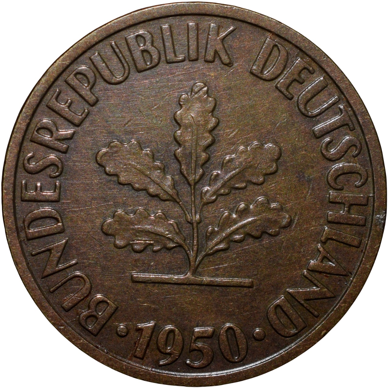 Old Brass 10 Pfennig of Germany (AD 1950) with Oak Sapling