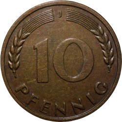 Alternative view of Old Brass 10 Pfennig of Germany (AD 1950) with Oak Sapling