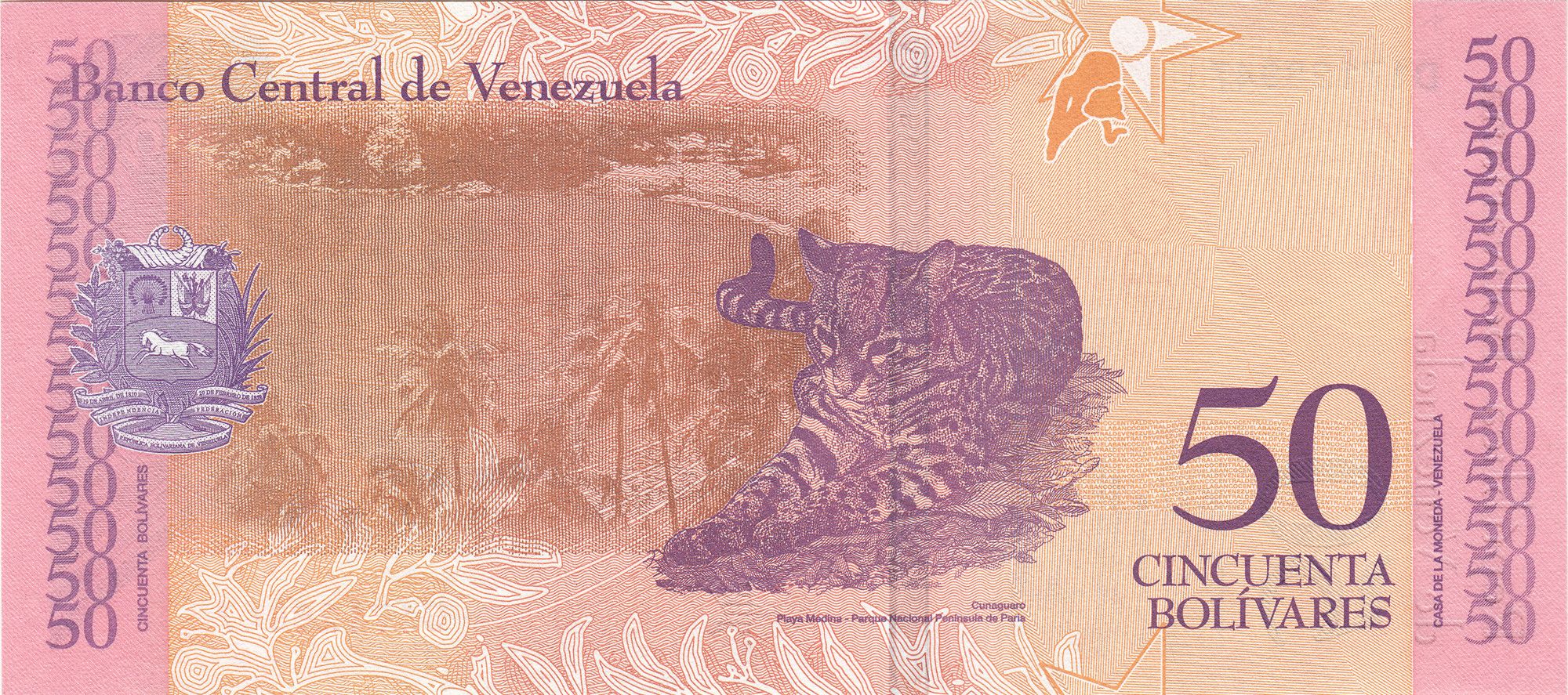 50 Bolivares of Venezuela Country (AD 2018) with Foreground Ocelot (leopardus paradalis) - Image 2