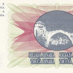 Alternative view of 1000 Dinara of Bosnia Country (AD 1992) with Mostar stone arch bridge