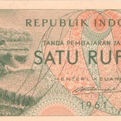 Old 1 Rupiah of Indonesia (AD 1961) with Rice field workers/Various vegetables