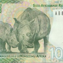 10 Rand of South Africa (AD 2023) with Nelson Mandela (Nelson Rolihlahla Mandela)/Black Rhino, adult and cub