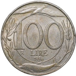 Alternative view of Copper-Nickel 100 Lire of Italy (AD 1996) with a dolphin and an olive branch