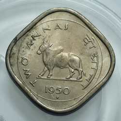 Bull Two Anna 1950 Mumbai Mint Copper Nickel Coin UNC