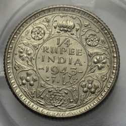 Alternative view of British India George VI 1/4 Rupee 1943 Silver Coin UNC