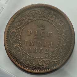 Alternative view of British India Victoria 1/2 Pice 1862 Copper Coin High Grade