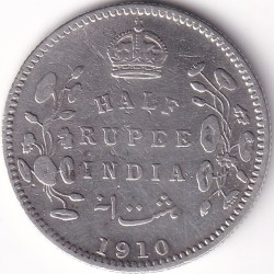 1/2 Rupee 1910 Silver British India Coin #1