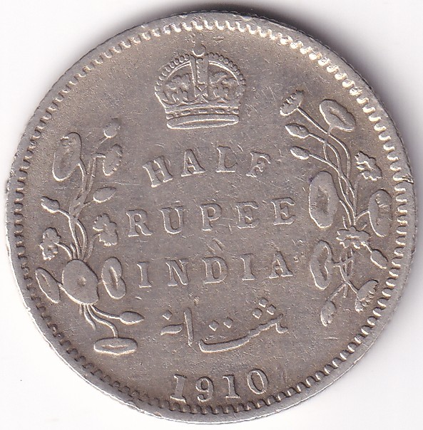 1/2 Rupee 1910 Silver British India Coin #2
