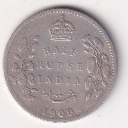 India - British ยฝ Rupee 1909 Very Rare Date - Edward VII Silver Coin #V-90