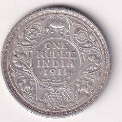 British-India 1 Rupee 1911- George V Bombay Mint Rare Silver Coin #V-99