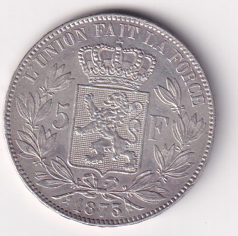 Belgium 5 Francs 1873 - Léopold II small head (Silver Weight 25 g) Coin #V-152 - Image 2