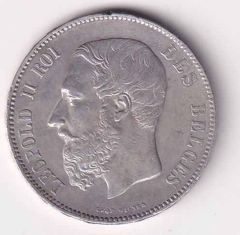 Belgium 5 Francs 1873 - Léopold II small head (Silver Weight 25 g) Coin #V-152