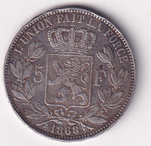 Belgium 5 Francs 1868 - Léopold II small head (Silver Weight 25 g) Coin #V-154