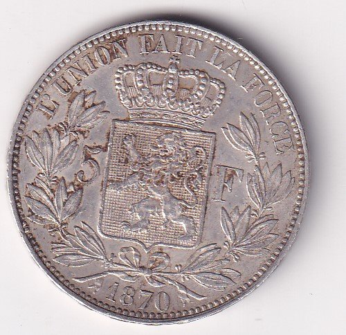 Belgium 5 Francs 1870 - Léopold II small head (Silver Weight 25 g) Coin #V-155 - Image 2