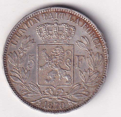 Belgium 5 Francs 1870 - Léopold II small head (Silver Weight 25 g) Coin #V-159