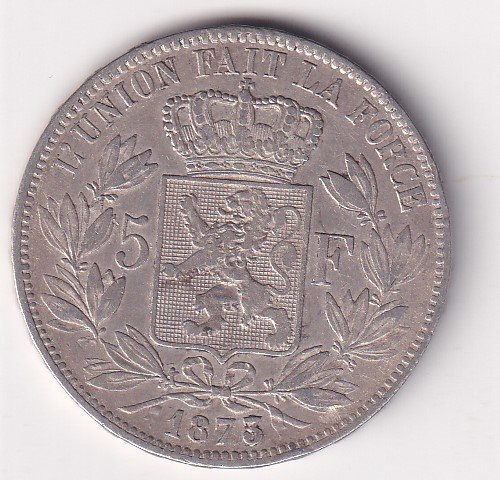 Belgium 5 Francs 1873 - Léopold II small head (Silver Weight 25 g) Coin #V-172