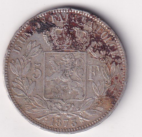 Belgium 5 Francs 1873 - Léopold II small head (Silver Weight 25 g) Coin #V-171 - Image 2
