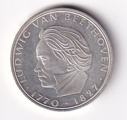 Germany 5 Deutsche Mark 1970 Ludwig van Beethoven Commemorative Issue Silver Coin #V-194