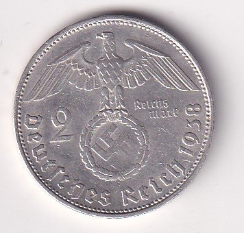 Germany 2 Reichsmark 1938 - Paul von Hindenburg Rare swastika(卐) Mark Silver Coin #V-241