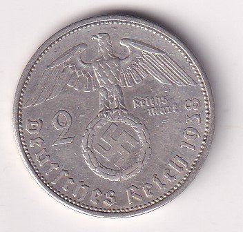 Germany 2 Reichsmark 1938 - Paul von Hindenburg Rare swastika(卐) Mark Silver Coin #V-242