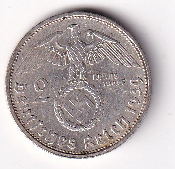 Germany 2 Reichsmark 1939 - Paul von Hindenburg Rare swastika(卐) Mark Silver Coin #V-258