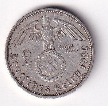 Germany 2 Reichsmark 1939 - Paul von Hindenburg Rare swastika(卐) Mark Silver Coin #V-259