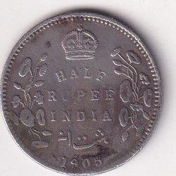 India - British  ½ Rupee 1905 - Edward VII Rare Date Silver Coin #V-416