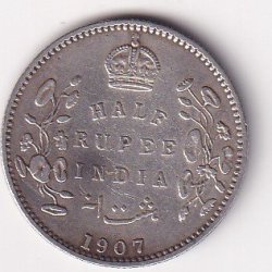 India - British  ½ Rupee 1907 - Edward VII Rare Silver Coin #V-420